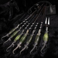 "Крокодили" шампури 6 шт з виделкою, зелений кап, біла бронза