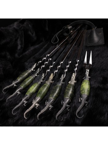 "Крокодили" шампури 6 шт з виделкою, зелений кап, біла бронза