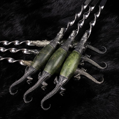 "Крокодили" шампури 6 шт з виделкою, зелений кап, біла бронза