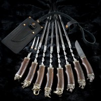 "Престиж" латунь, 6 шампурів з виделкою + ніж дамаск в сагайдаку