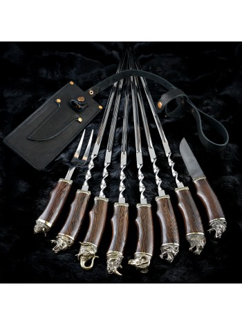 "Престиж" латунь, 6 шампурів з виделкою + ніж дамаск в сагайдаку