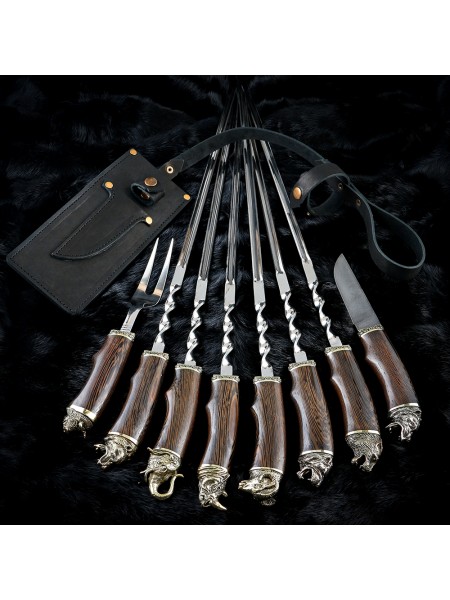 "Престиж" латунь, 6 шампурів з виделкою + ніж дамаск в сагайдаку