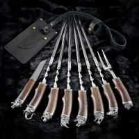 "Престиж" біла бронза, 6 шампурів з виделкою + ніж дамаск в сагайдаку