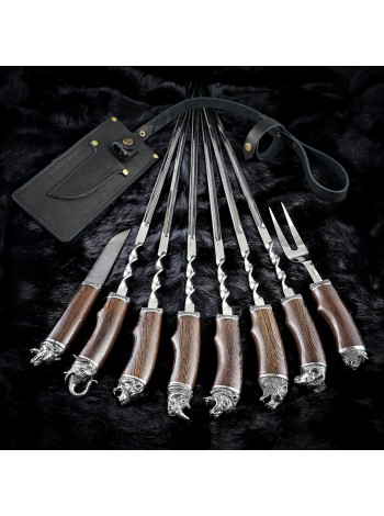 "Престиж" біла бронза, 6 шампурів з виделкою + ніж дамаск в сагайдаку