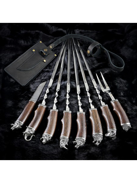 "Престиж" біла бронза, 6 шампурів з виделкою + ніж дамаск в сагайдаку